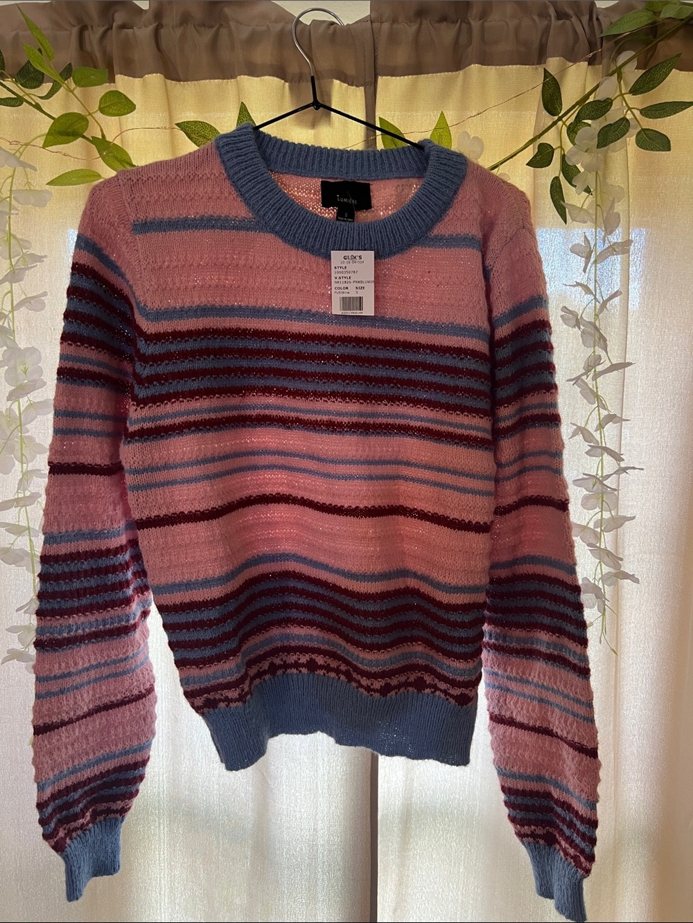 Lumiere Pink Striped Crewneck Sweater with Blue Trim